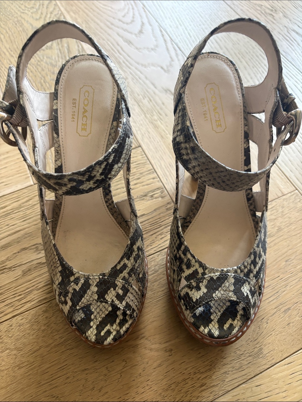 Coach Snake-Print Platform Sandals in Black and Cream